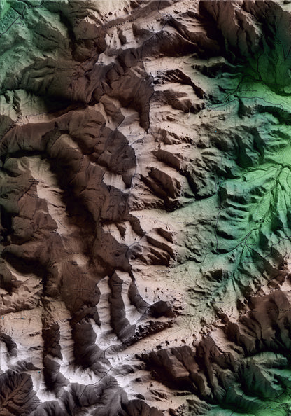 Mapa artístico del relieve de Alfara de Carles, al Baix Ebre, con 15 km de entorno y base topográfica ICGC. Detalle de la zona superior izquierda.