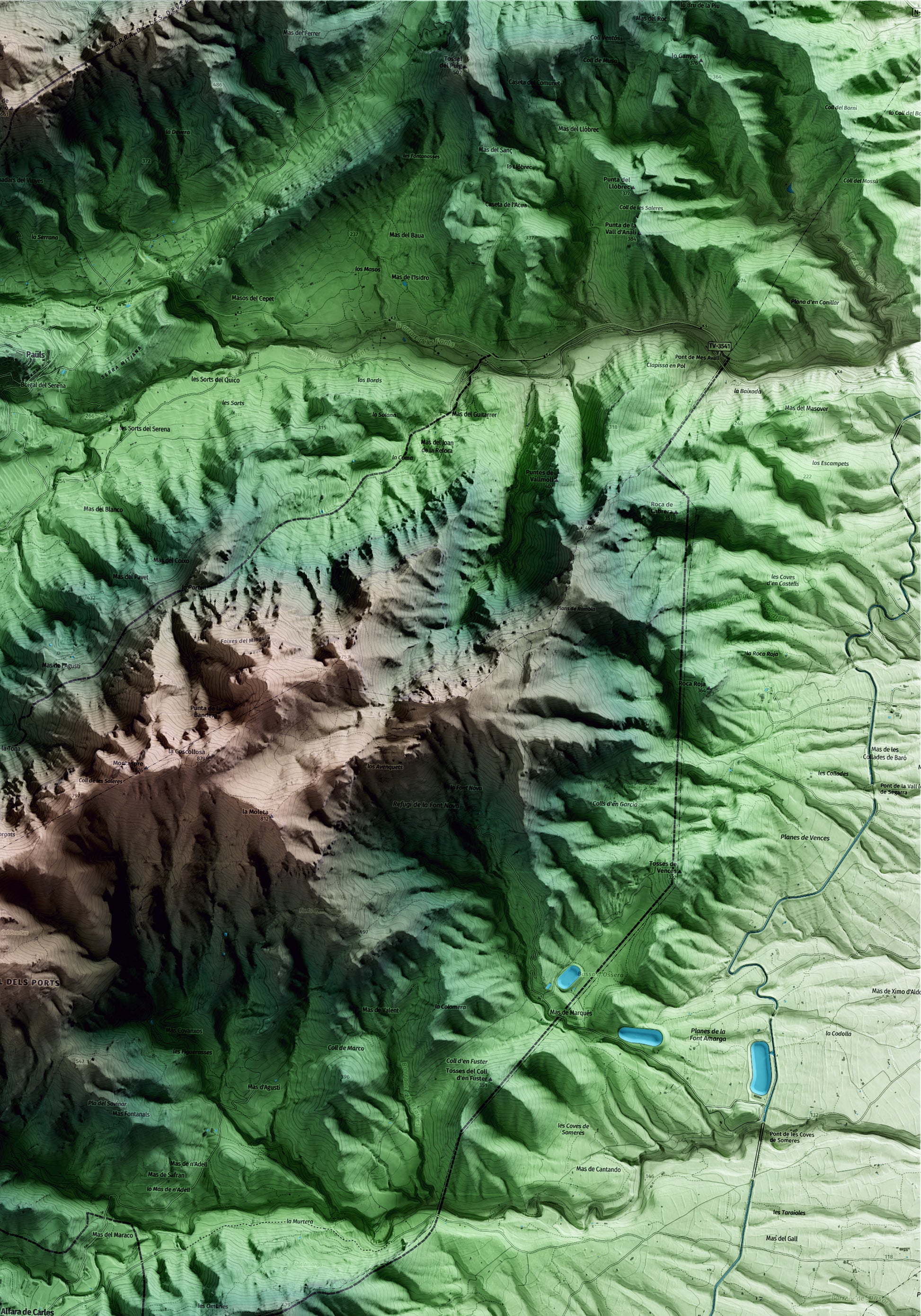 Mapa artístico del relieve de Alfara de Carles, al Baix Ebre, con 15 km de entorno y base topográfica ICGC. Detalle de la zona superior derecha.
