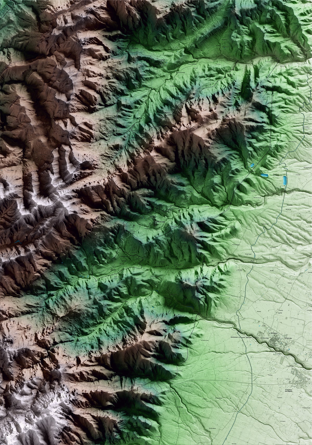 Mapa artístico del relieve de Alfara de Carles, al Baix Ebre, con 15 km de entorno y base topográfica ICGC