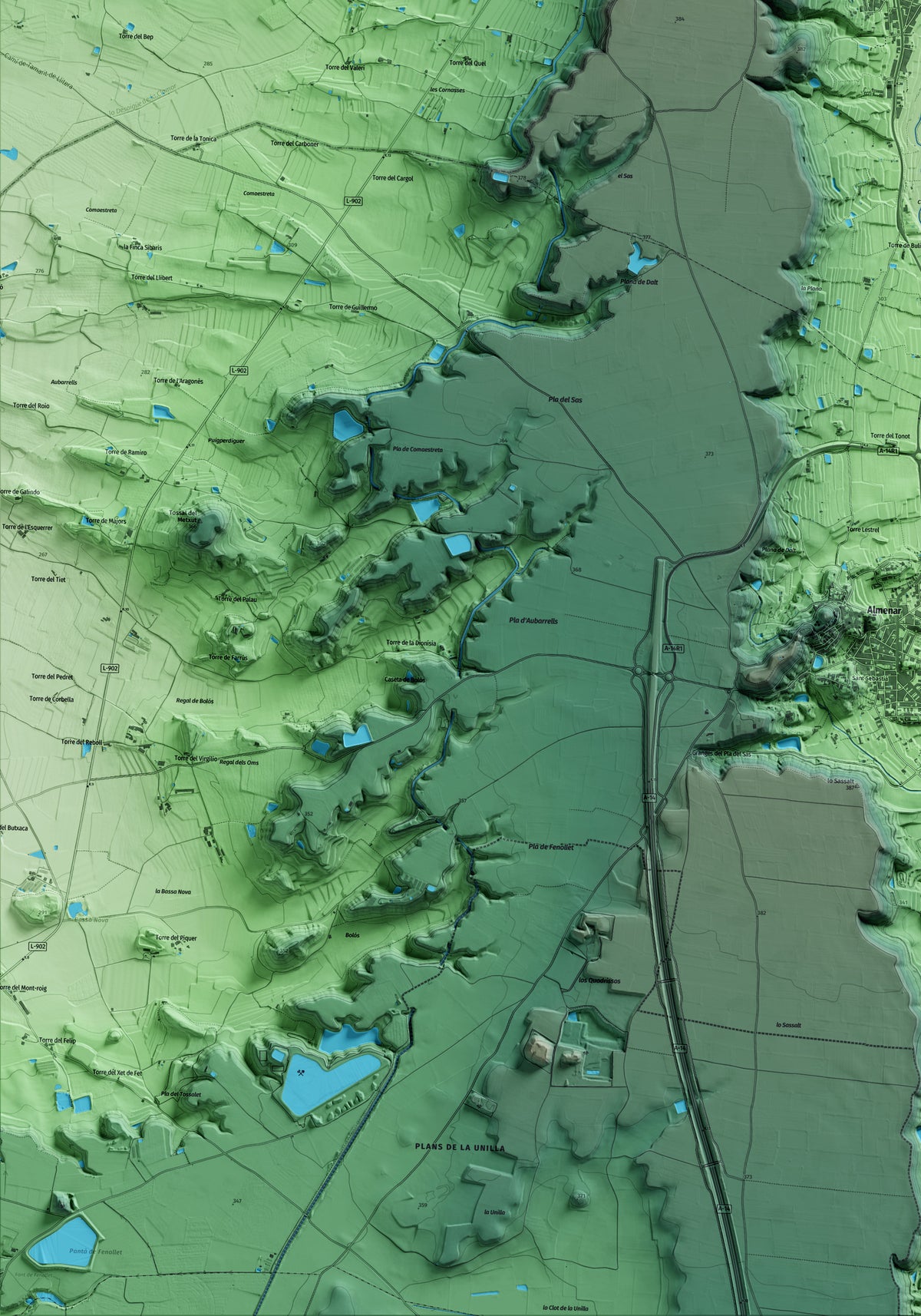 Mapa artístico del relieve de Alfarràs, al Segrià, con 15 km de entorno y base topográfica ICGC. Detalle de la zona inferior izquierda.
