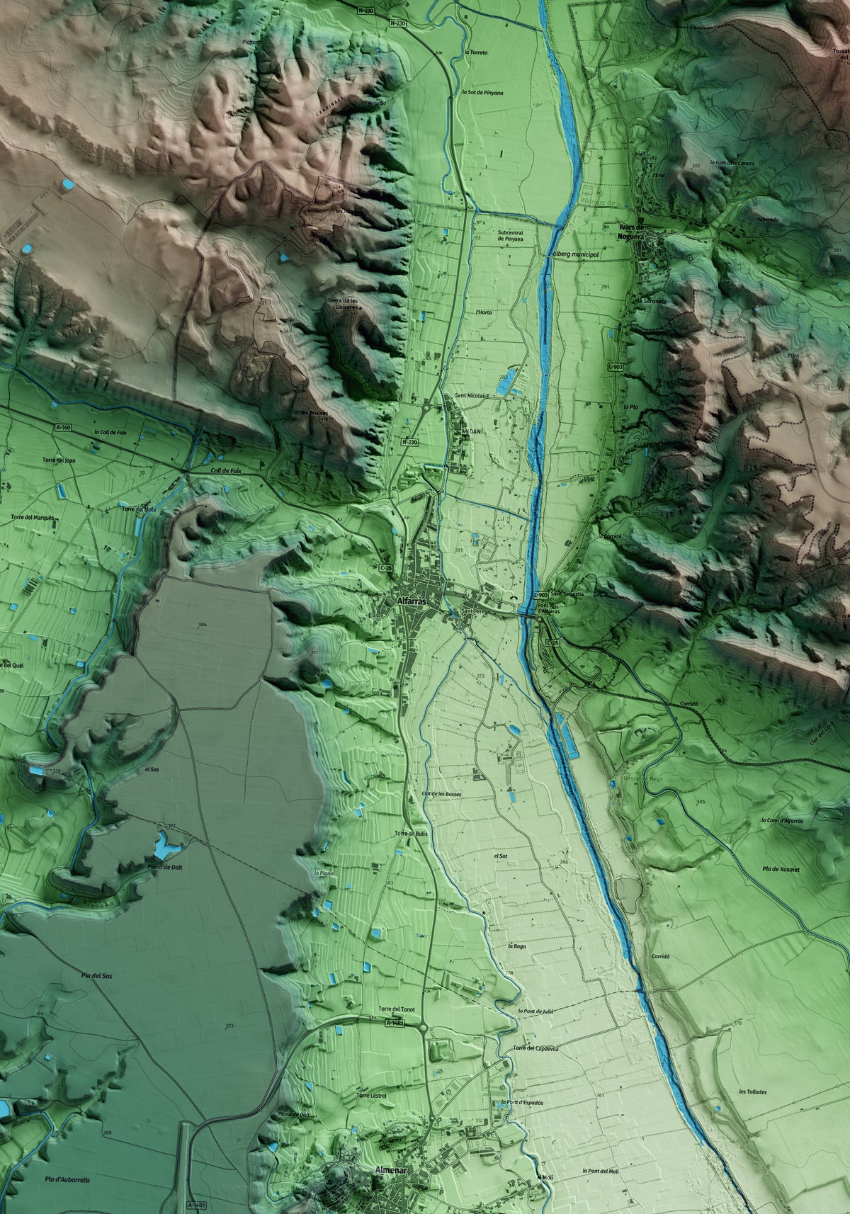Mapa artístico del relieve de Alfarràs, al Segrià, con 15 km de entorno y base topográfica ICGC. Detalle de la zona central.