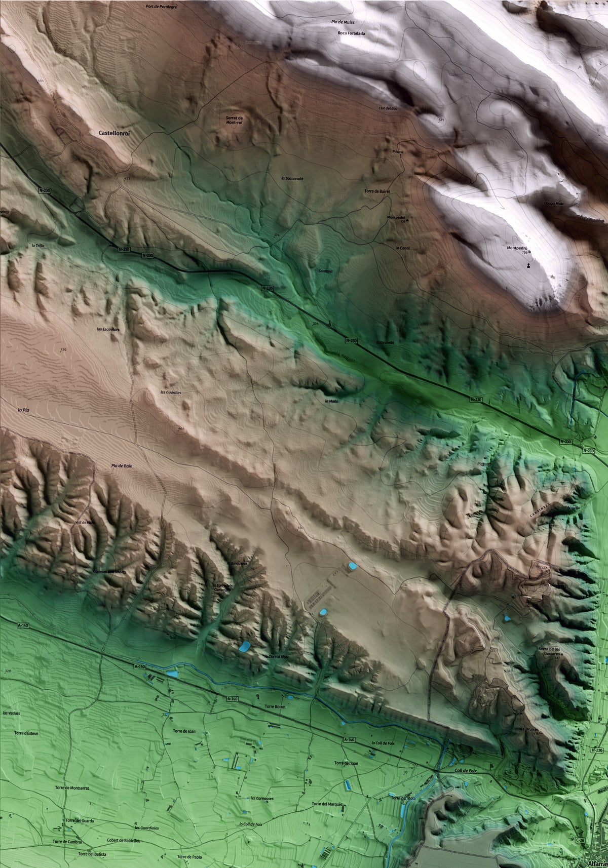 Mapa artístico del relieve de Alfarràs, al Segrià, con 15 km de entorno y base topográfica ICGC. Detalle de la zona superior izquierda.