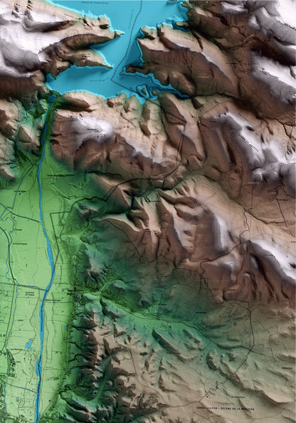 Mapa artístico del relieve de Alfarràs, al Segrià, con 15 km de entorno y base topográfica ICGC. Detalle de la zona superior derecha.