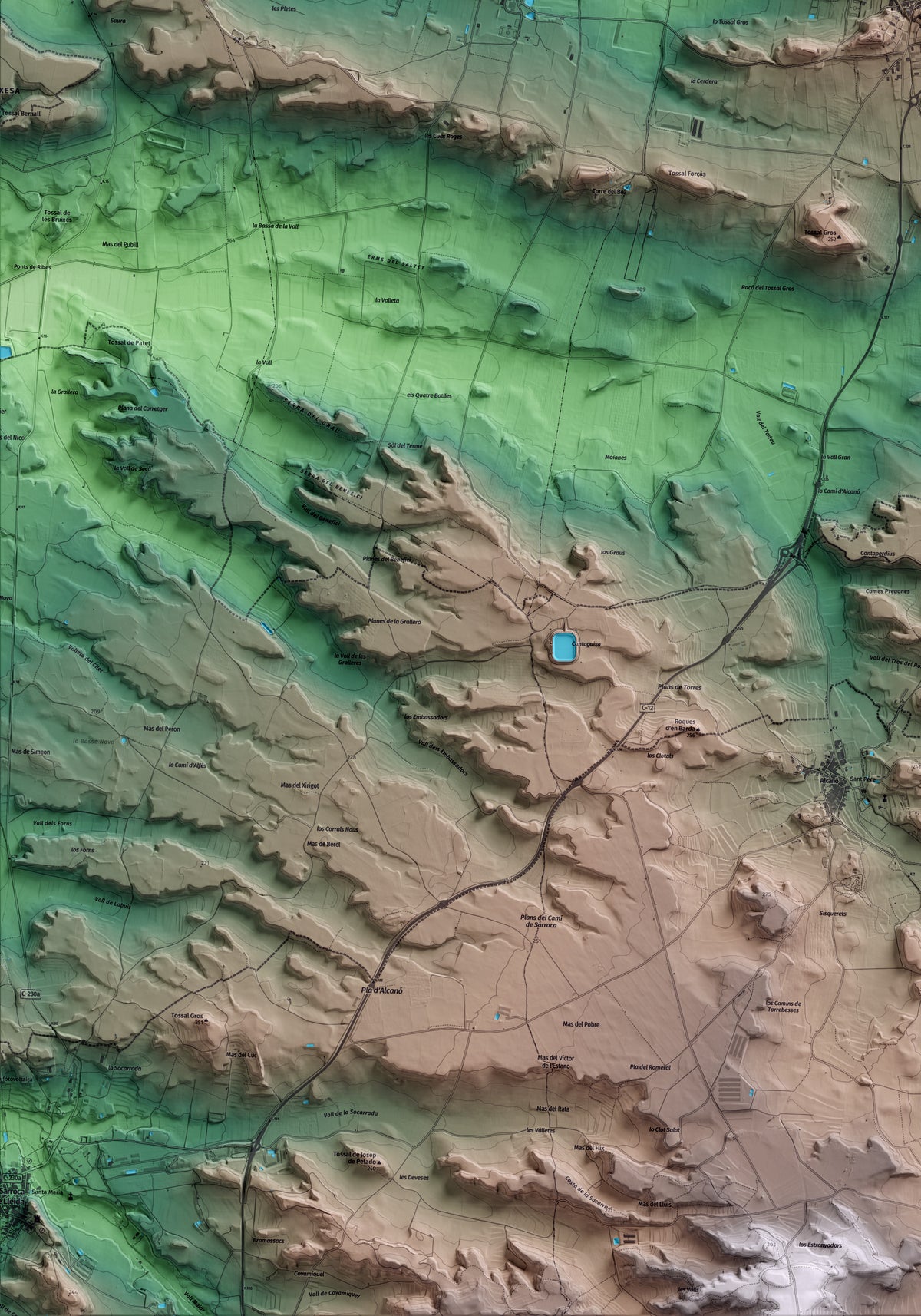 Mapa artístico del relieve de Alfés, al Segrià, con 15 km de entorno y base topográfica ICGC. Detalle de la zona inferior izquierda.