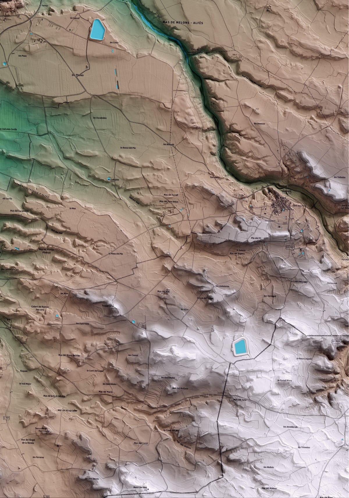 Mapa artístico del relieve de Alfés, al Segrià, con 15 km de entorno y base topográfica ICGC. Detalle de la zona inferior derecha.