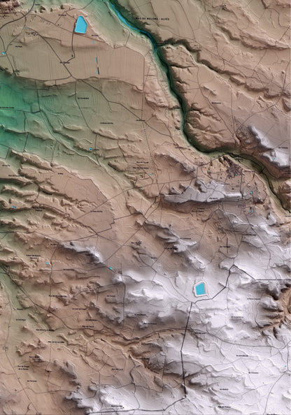 Mapa artístico del relieve de Alfés, al Segrià, con 15 km de entorno y base topográfica ICGC. Detalle de la zona inferior derecha.