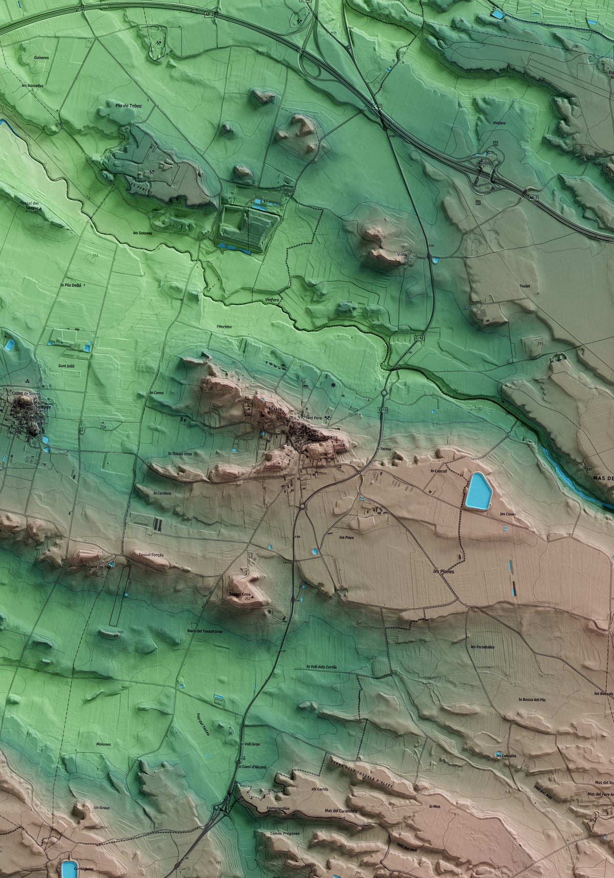 Mapa artístico del relieve de Alfés, al Segrià, con 15 km de entorno y base topográfica ICGC. Detalle de la zona central.