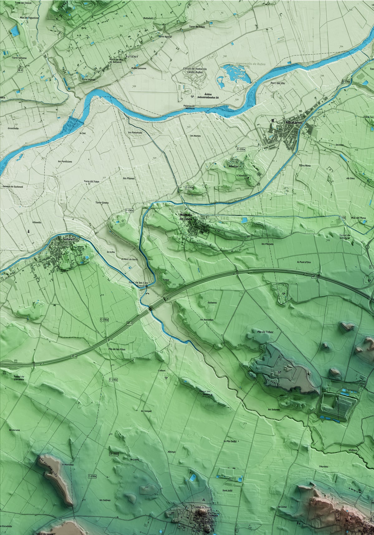 Mapa artístico del relieve de Alfés, al Segrià, con 15 km de entorno y base topográfica ICGC. Detalle de la zona superior izquierda.