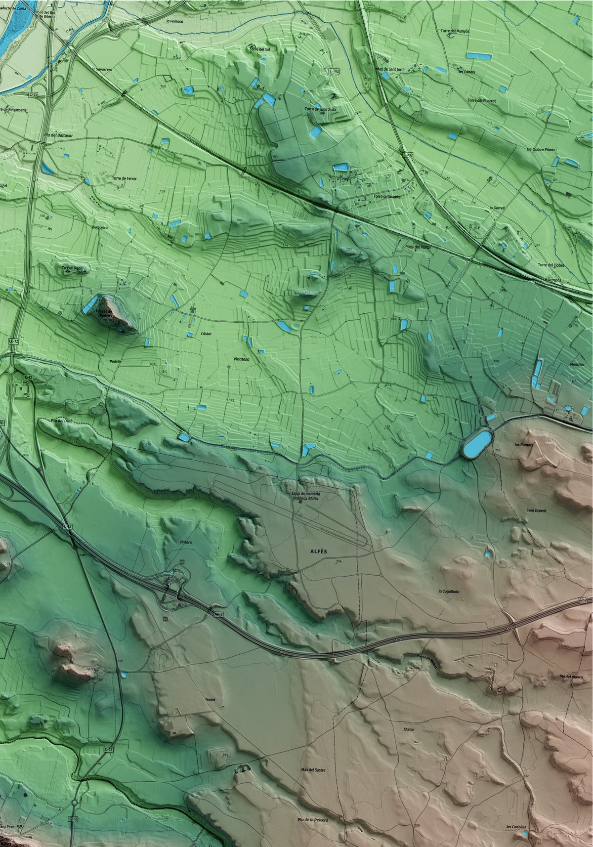 Mapa artístico del relieve de Alfés, al Segrià, con 15 km de entorno y base topográfica ICGC. Detalle de la zona superior derecha.