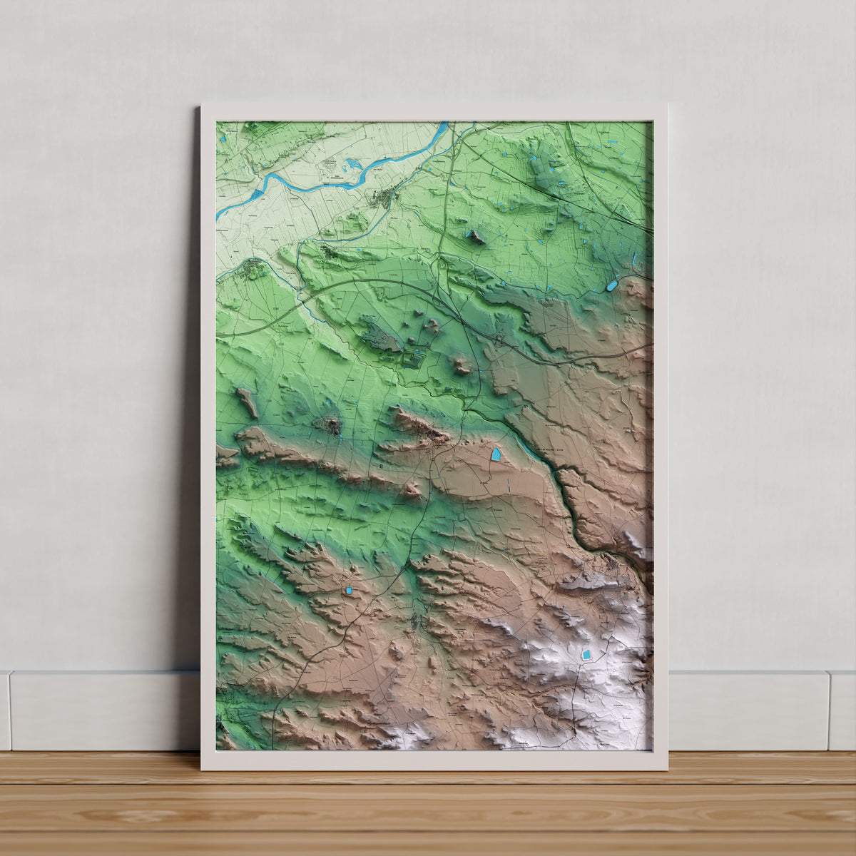 Mapa artístico del relieve de Alfés, al Segrià, con 15 km de entorno y base topográfica ICGC. Presentación enmarcada.