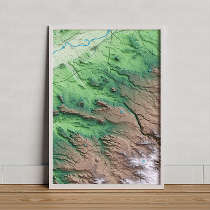 Mapa artístico del relieve de Alfés, al Segrià, con 15 km de entorno y base topográfica ICGC. Presentación enmarcada.