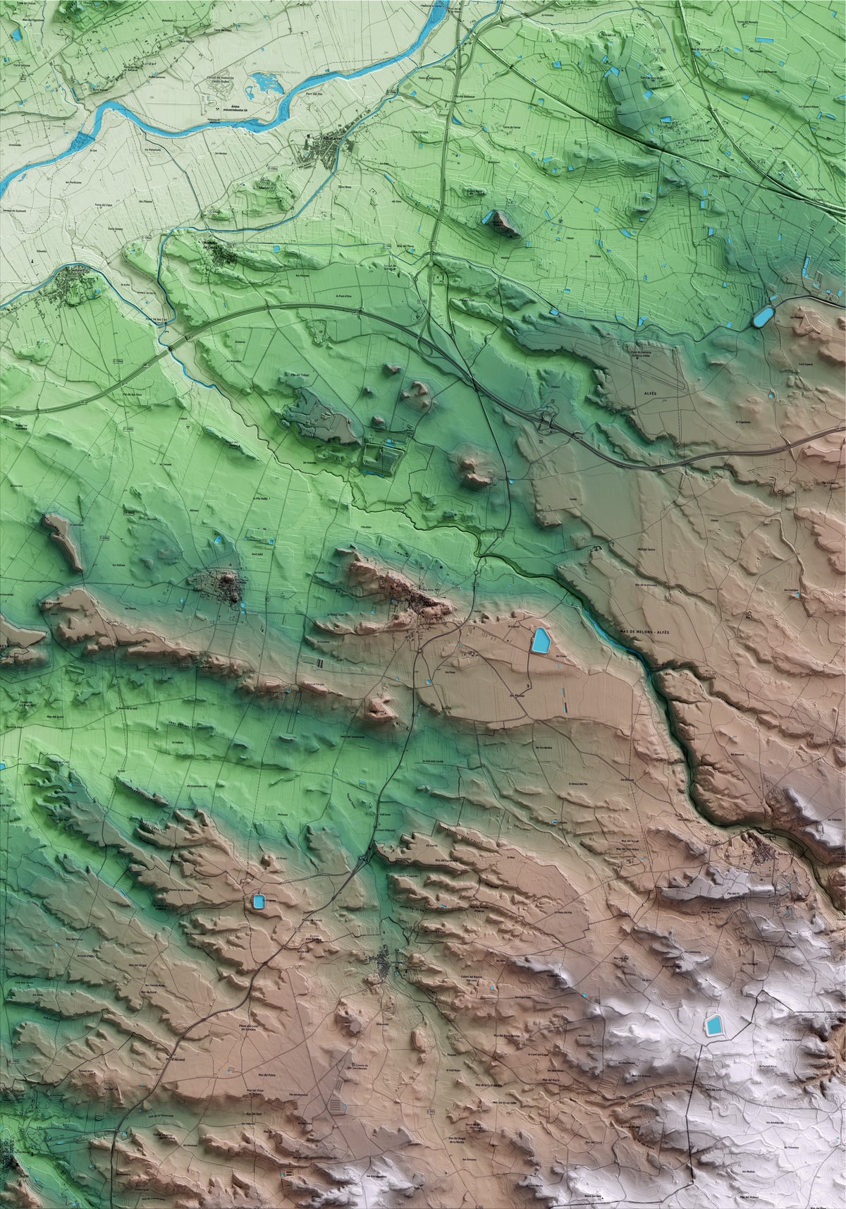 Mapa artístico del relieve de Alfés, al Segrià, con 15 km de entorno y base topográfica ICGC