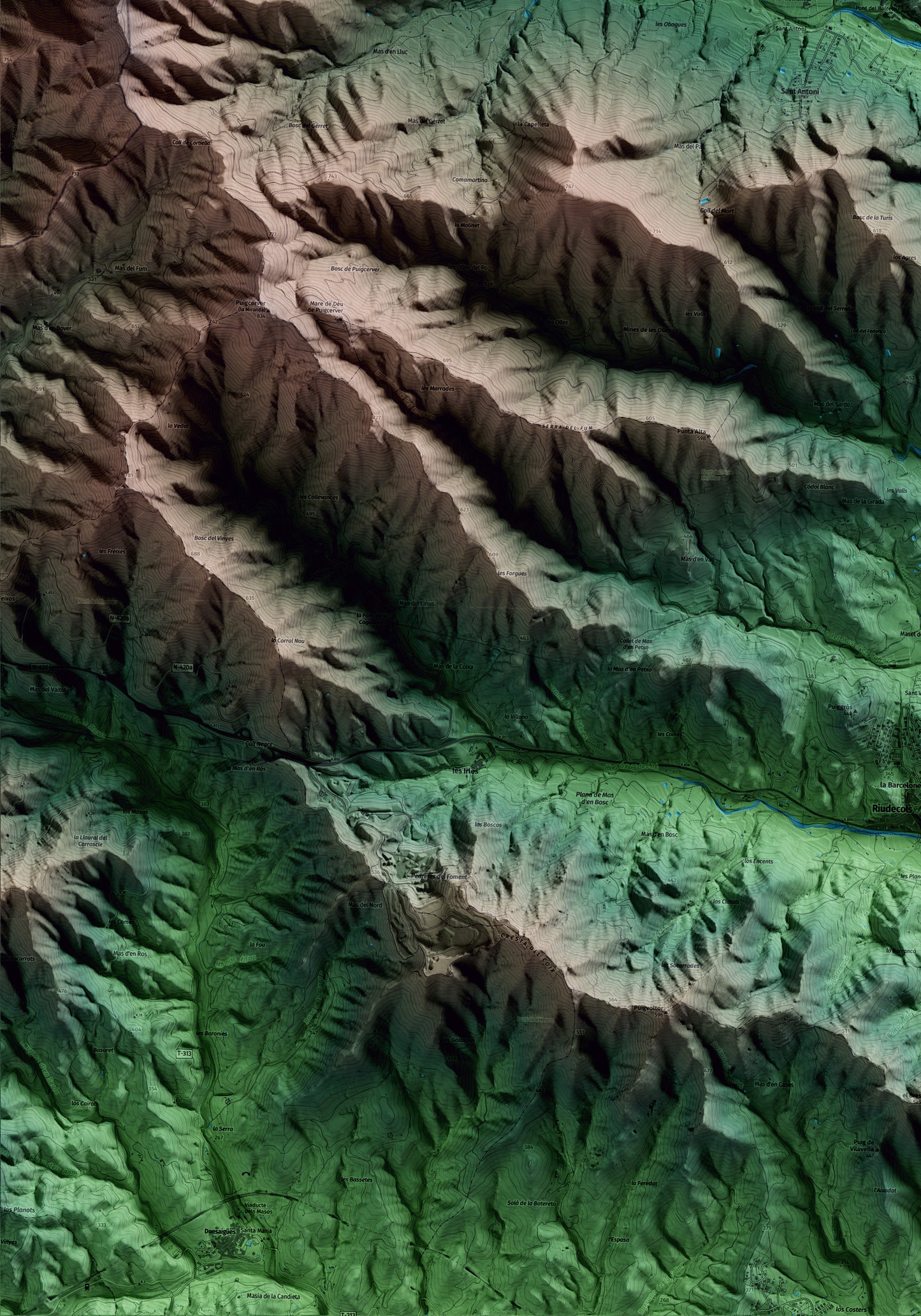Mapa artístico del relieve de Alforja, al Baix Camp, con 15 km de entorno y base topográfica ICGC. Detalle de la zona inferior izquierda.