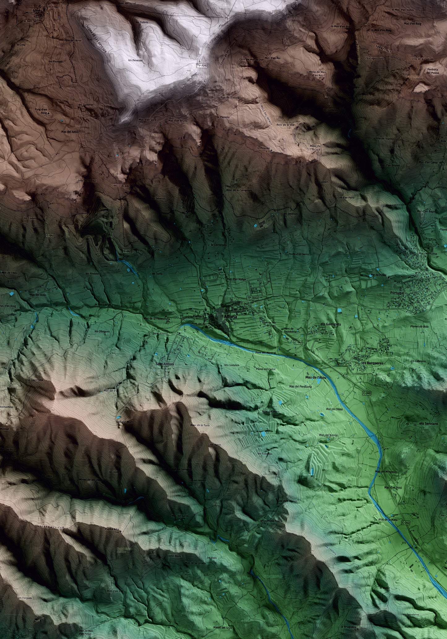 Mapa artístico del relieve de Alforja, al Baix Camp, con 15 km de entorno y base topográfica ICGC. Detalle de la zona central.