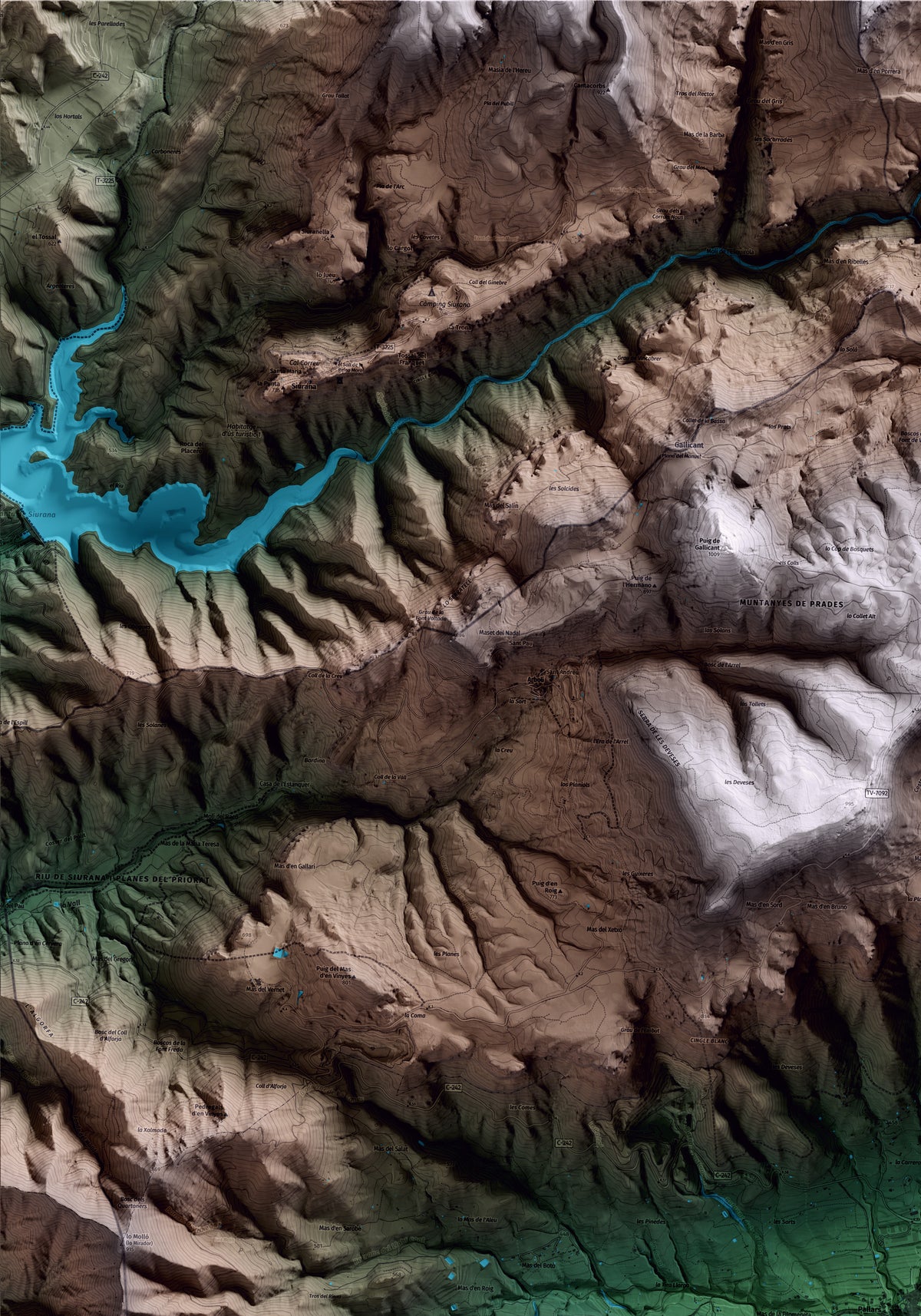 Mapa artístico del relieve de Alforja, al Baix Camp, con 15 km de entorno y base topográfica ICGC. Detalle de la zona superior izquierda.