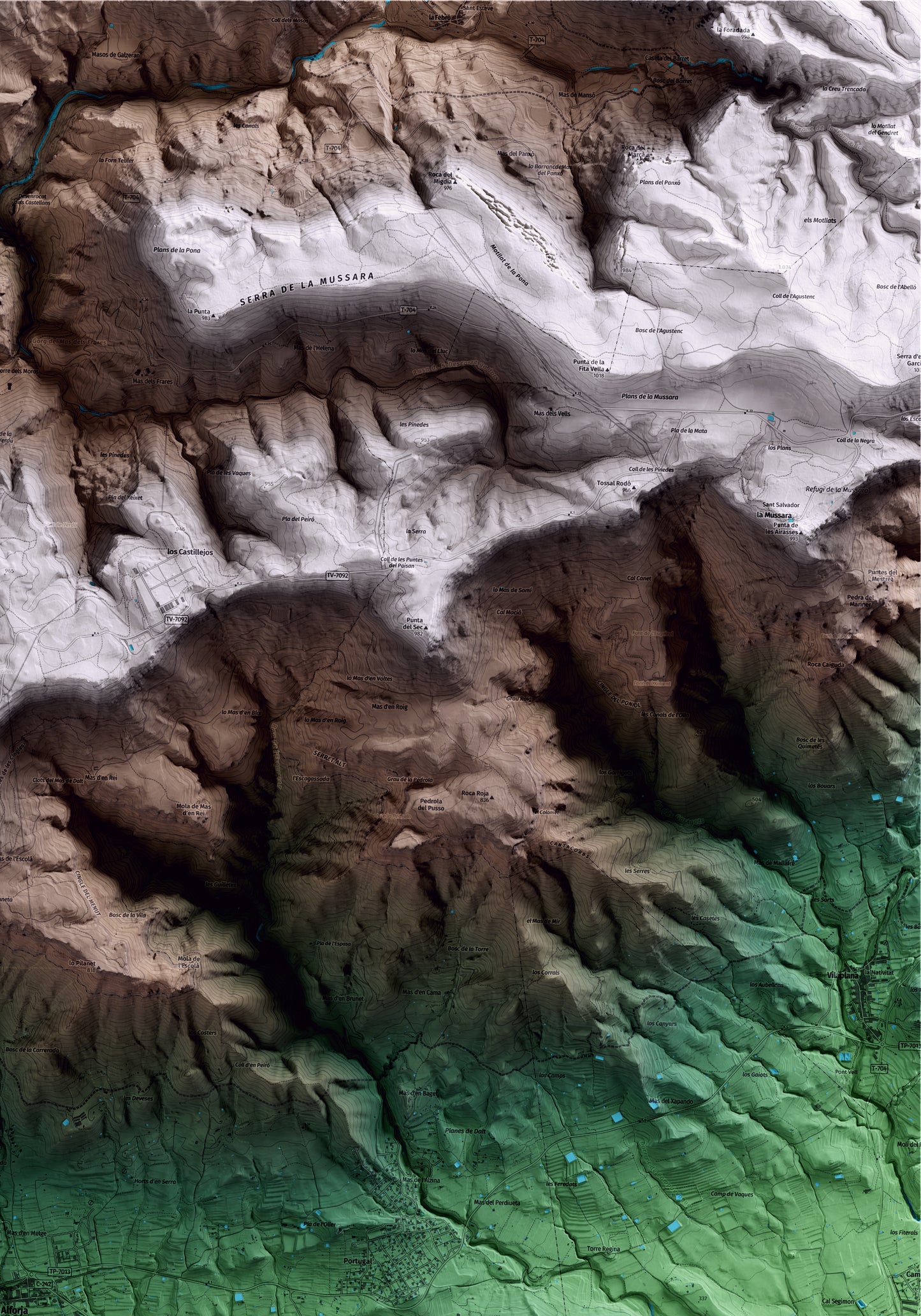 Mapa artístico del relieve de Alforja, al Baix Camp, con 15 km de entorno y base topográfica ICGC. Detalle de la zona superior derecha.