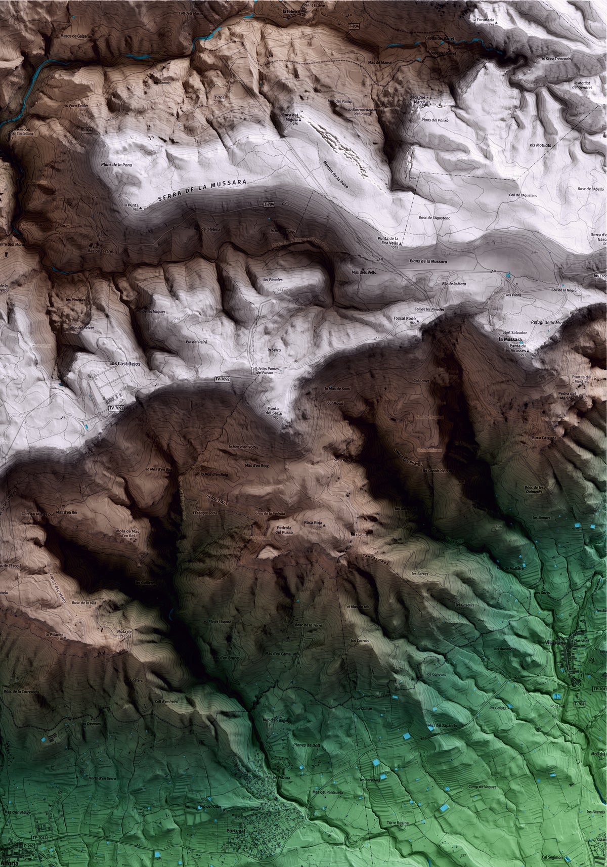 Mapa artístico del relieve de Alforja, al Baix Camp, con 15 km de entorno y base topográfica ICGC. Detalle de la zona superior derecha.