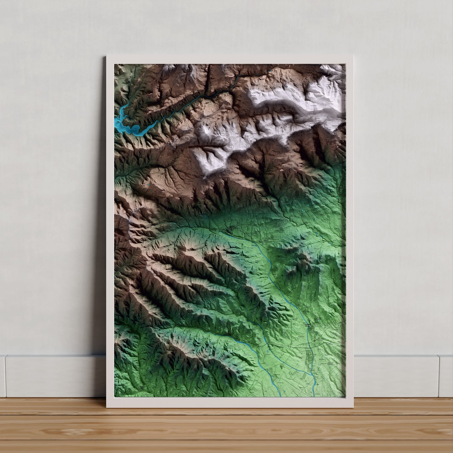 Mapa artístico del relieve de Alforja, al Baix Camp, con 15 km de entorno y base topográfica ICGC. Presentación enmarcada.
