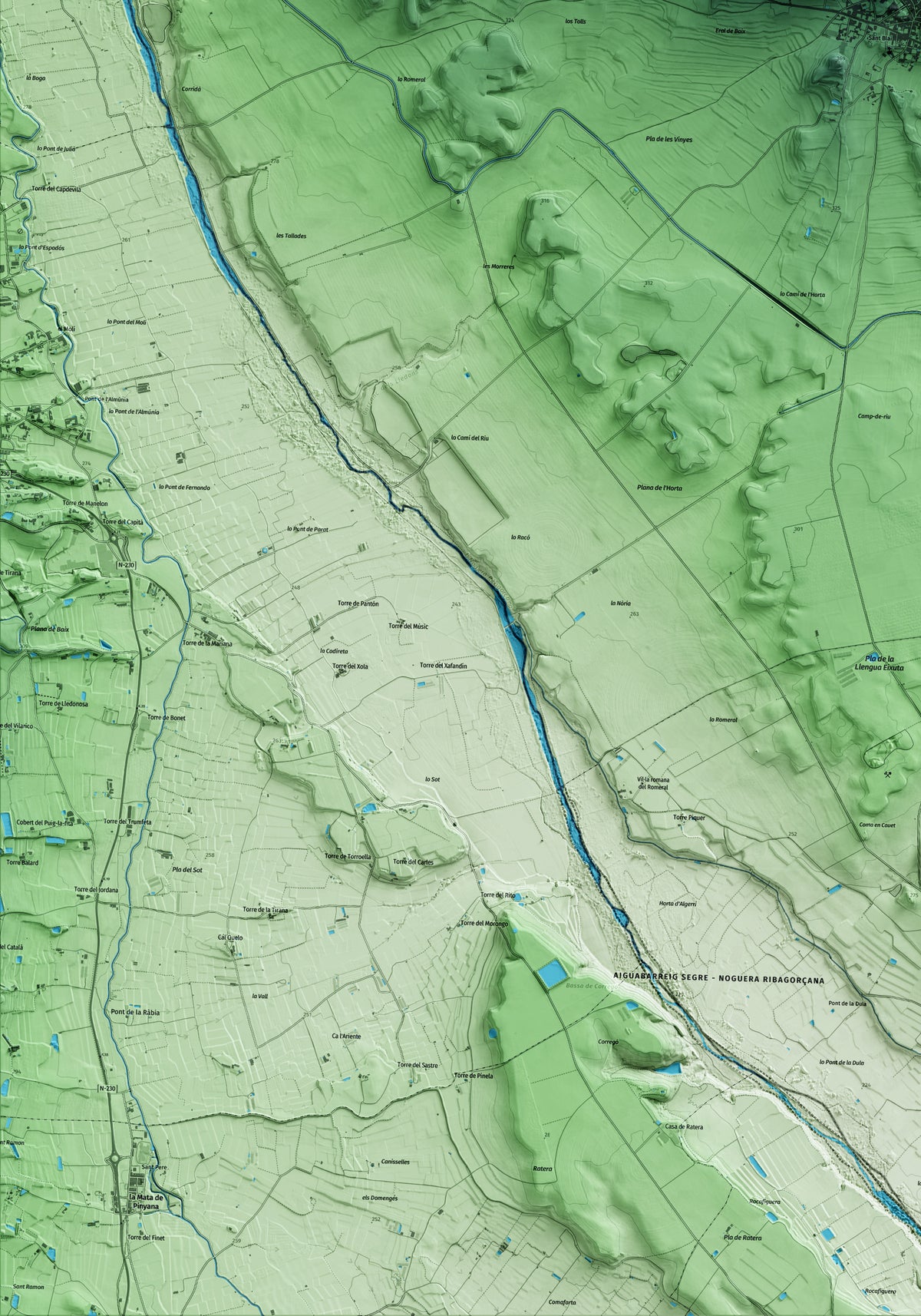 Mapa artístico del relieve de Algerri, a la Noguera, con 15 km de entorno y base topográfica ICGC. Detalle de la zona inferior izquierda.