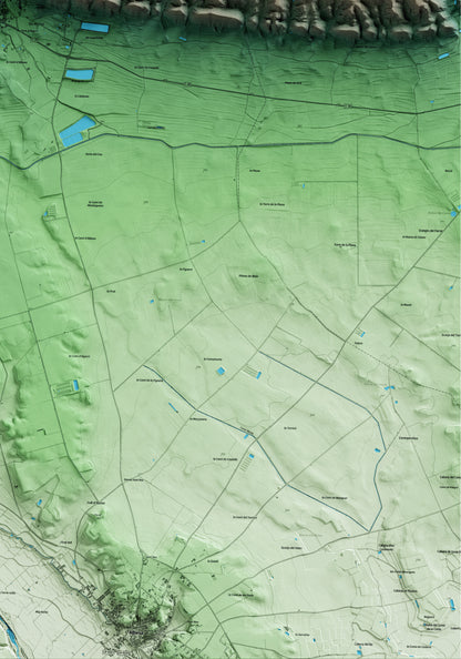 Mapa artístico del relieve de Algerri, a la Noguera, con 15 km de entorno y base topográfica ICGC. Detalle de la zona inferior derecha.