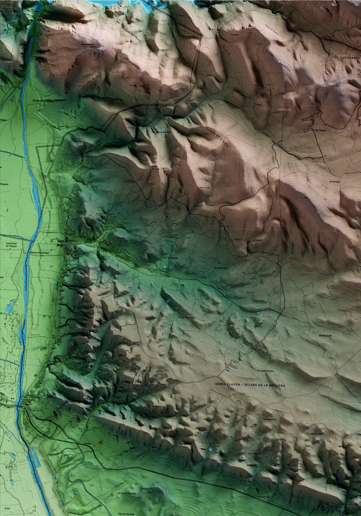Mapa artístico del relieve de Algerri, a la Noguera, con 15 km de entorno y base topográfica ICGC. Detalle de la zona superior izquierda.