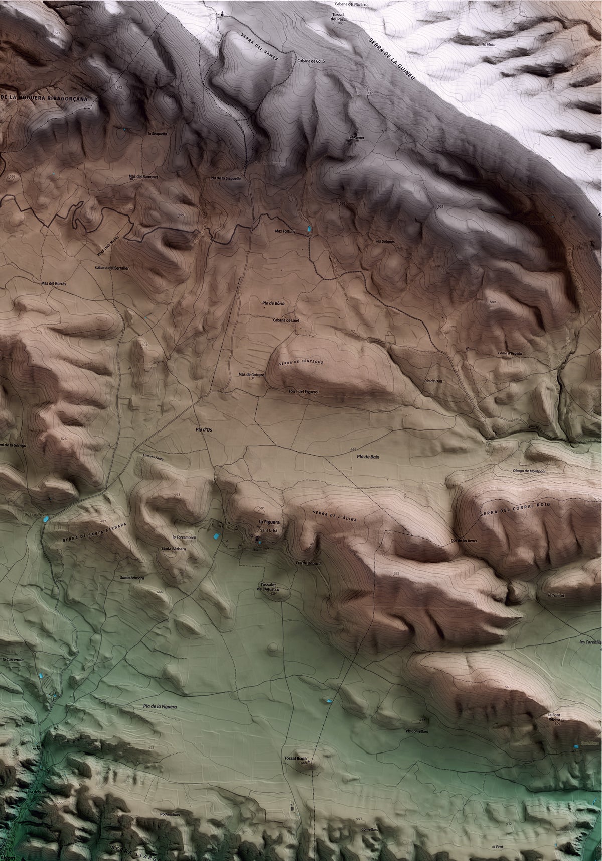 Mapa artístico del relieve de Algerri, a la Noguera, con 15 km de entorno y base topográfica ICGC. Detalle de la zona superior derecha.