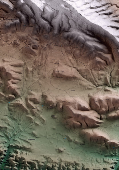 Mapa artístico del relieve de Algerri, a la Noguera, con 15 km de entorno y base topográfica ICGC. Detalle de la zona superior derecha.