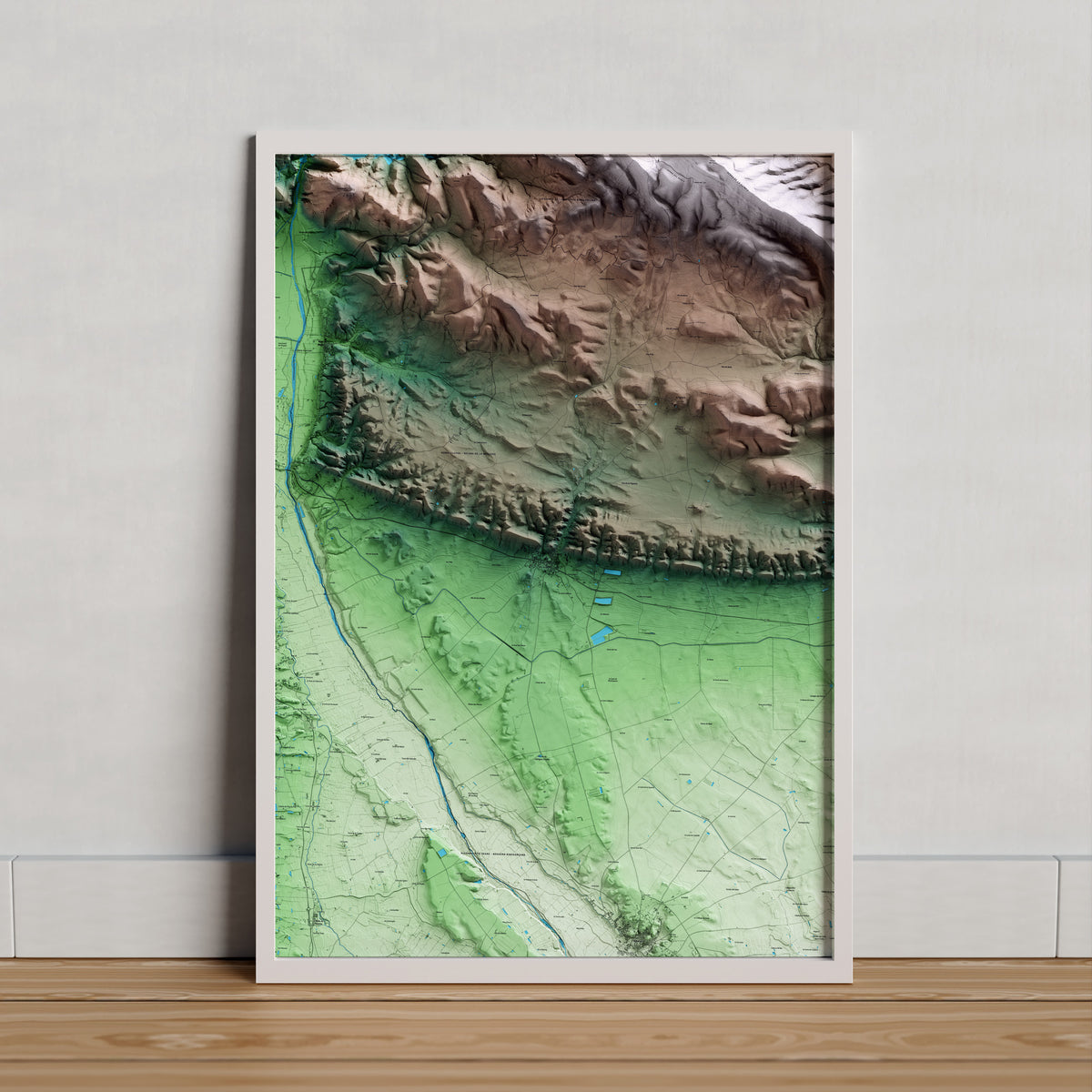 Mapa artístico del relieve de Algerri, a la Noguera, con 15 km de entorno y base topográfica ICGC. Presentación enmarcada.