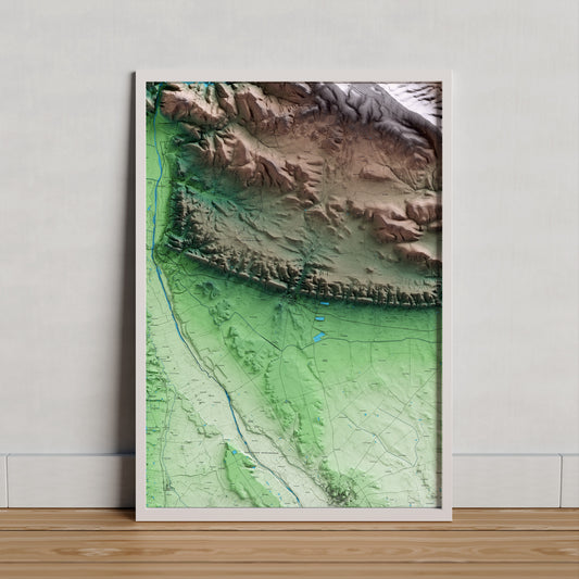 Mapa artístico del relieve de Algerri, a la Noguera, con 15 km de entorno y base topográfica ICGC. Presentación enmarcada.