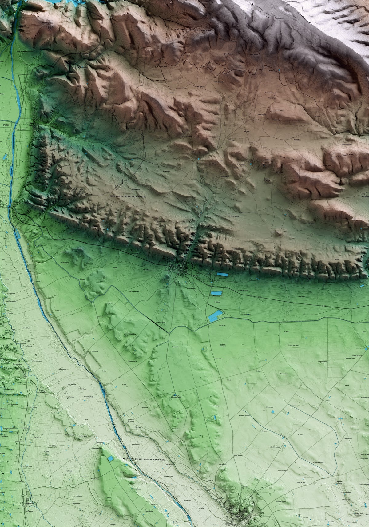 Mapa artístico del relieve de Algerri, a la Noguera, con 15 km de entorno y base topográfica ICGC