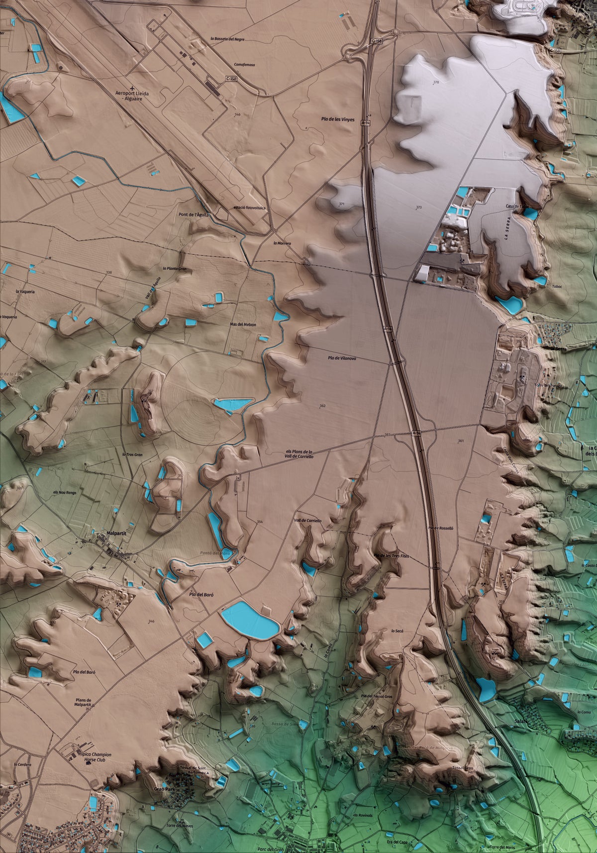 Mapa artístico del relieve de Alguaire, al Segrià, con 15 km de entorno y base topográfica ICGC. Detalle de la zona inferior izquierda.