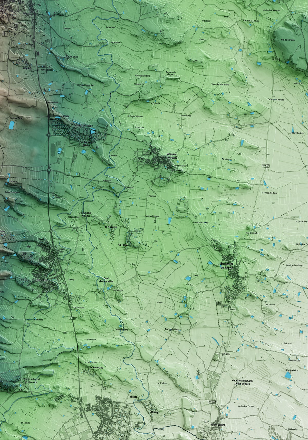 Mapa artístico del relieve de Alguaire, al Segrià, con 15 km de entorno y base topográfica ICGC. Detalle de la zona inferior derecha.