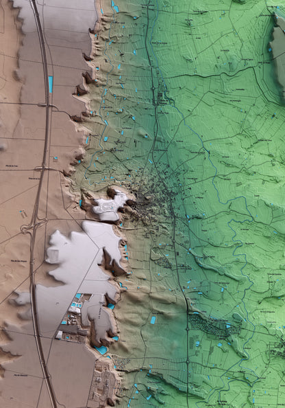 Mapa artístico del relieve de Alguaire, al Segrià, con 15 km de entorno y base topográfica ICGC. Detalle de la zona central.