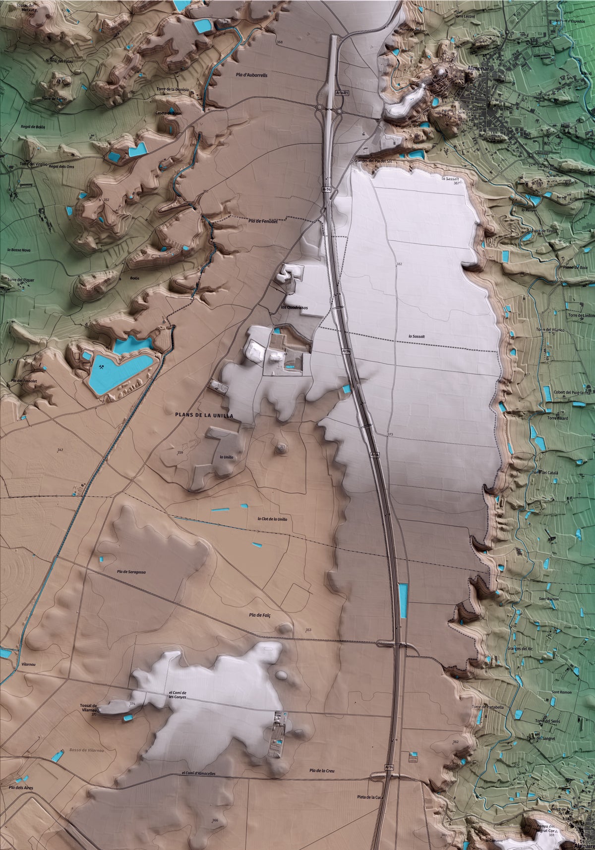 Mapa artístico del relieve de Alguaire, al Segrià, con 15 km de entorno y base topográfica ICGC. Detalle de la zona superior izquierda.