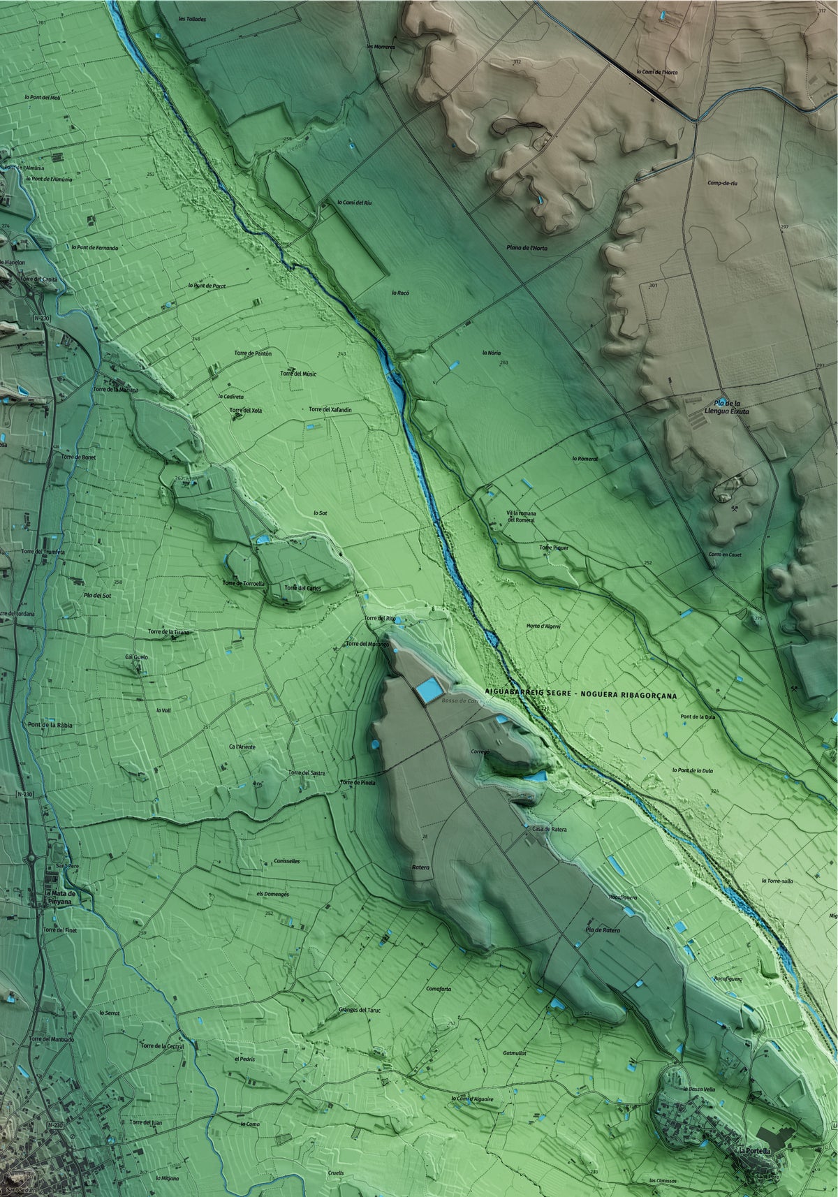 Mapa artístico del relieve de Alguaire, al Segrià, con 15 km de entorno y base topográfica ICGC. Detalle de la zona superior derecha.