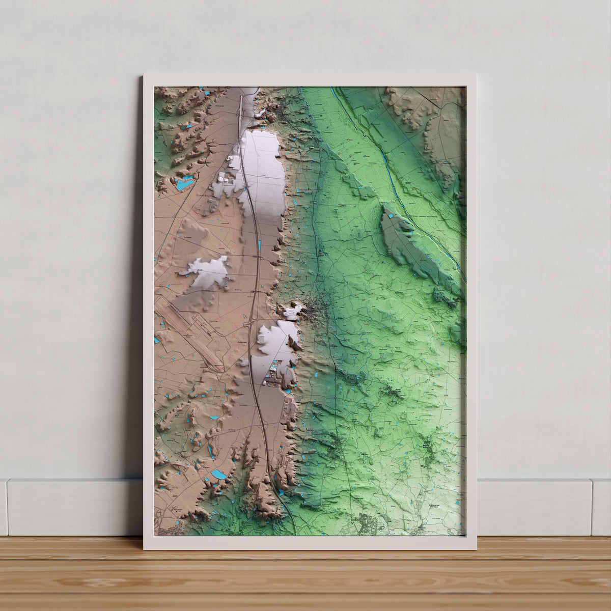 Mapa artístico del relieve de Alguaire, al Segrià, con 15 km de entorno y base topográfica ICGC. Presentación enmarcada.