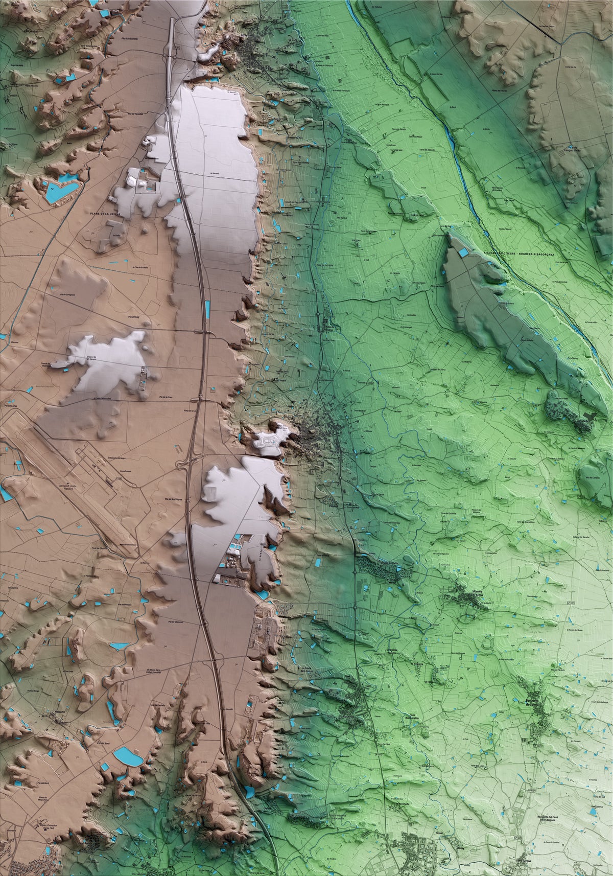 Mapa artístico del relieve de Alguaire, al Segrià, con 15 km de entorno y base topográfica ICGC