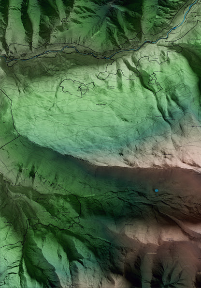 Mapa artístico del relieve de Alins, al Pallars Sobirà, con 15 km de entorno y base topográfica ICGC. Detalle de la zona inferior izquierda.