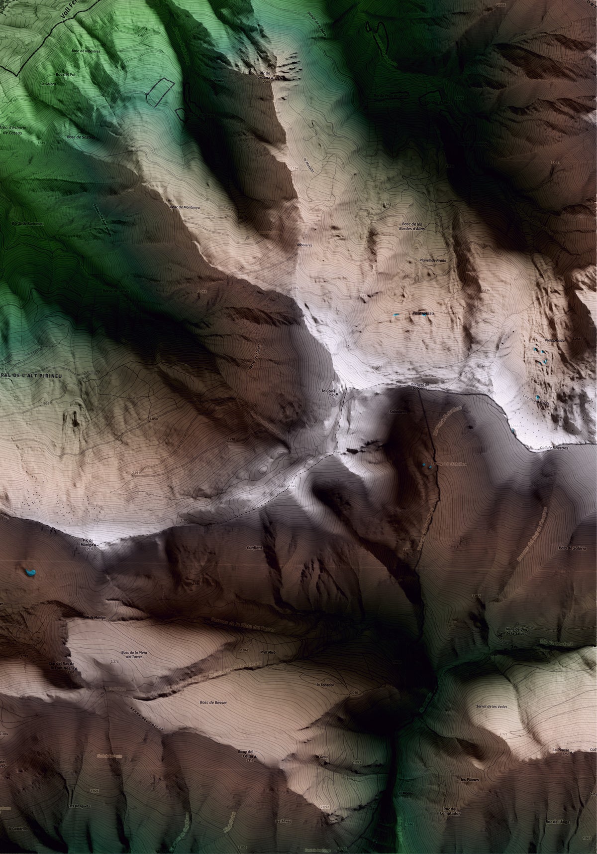Mapa artístico del relieve de Alins, al Pallars Sobirà, con 15 km de entorno y base topográfica ICGC. Detalle de la zona inferior derecha.