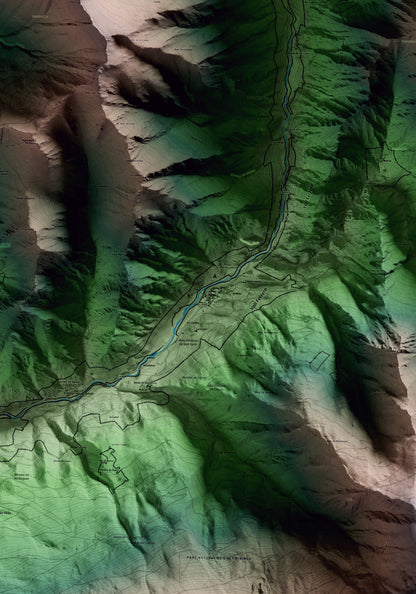 Mapa artístico del relieve de Alins, al Pallars Sobirà, con 15 km de entorno y base topográfica ICGC. Detalle de la zona central.