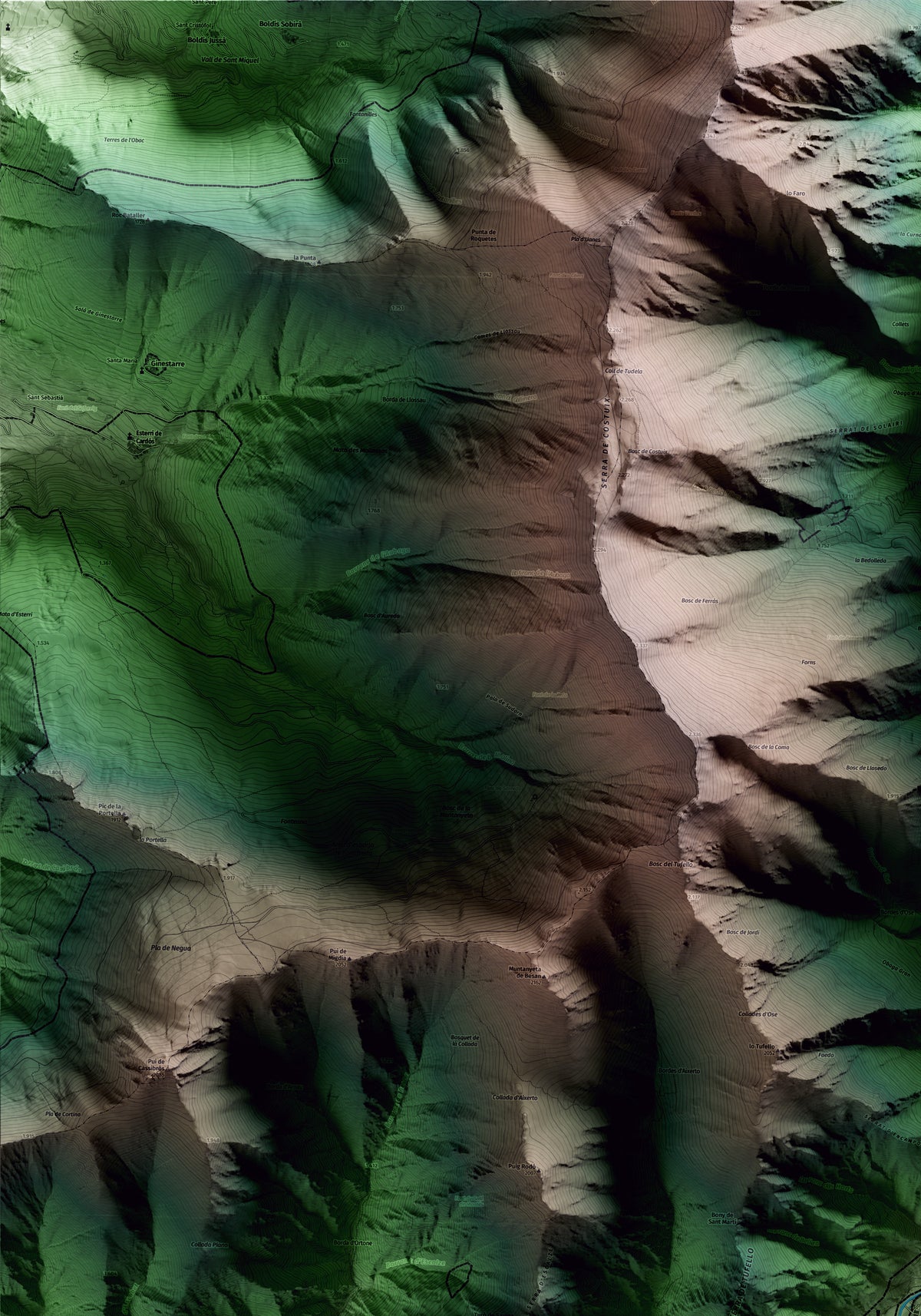 Mapa artístico del relieve de Alins, al Pallars Sobirà, con 15 km de entorno y base topográfica ICGC. Detalle de la zona superior izquierda.