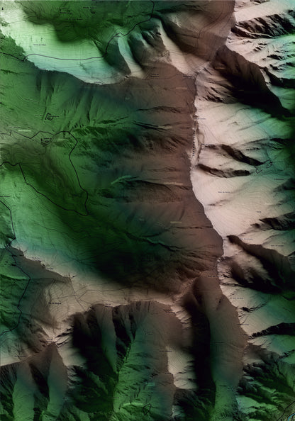 Mapa artístico del relieve de Alins, al Pallars Sobirà, con 15 km de entorno y base topográfica ICGC. Detalle de la zona superior izquierda.