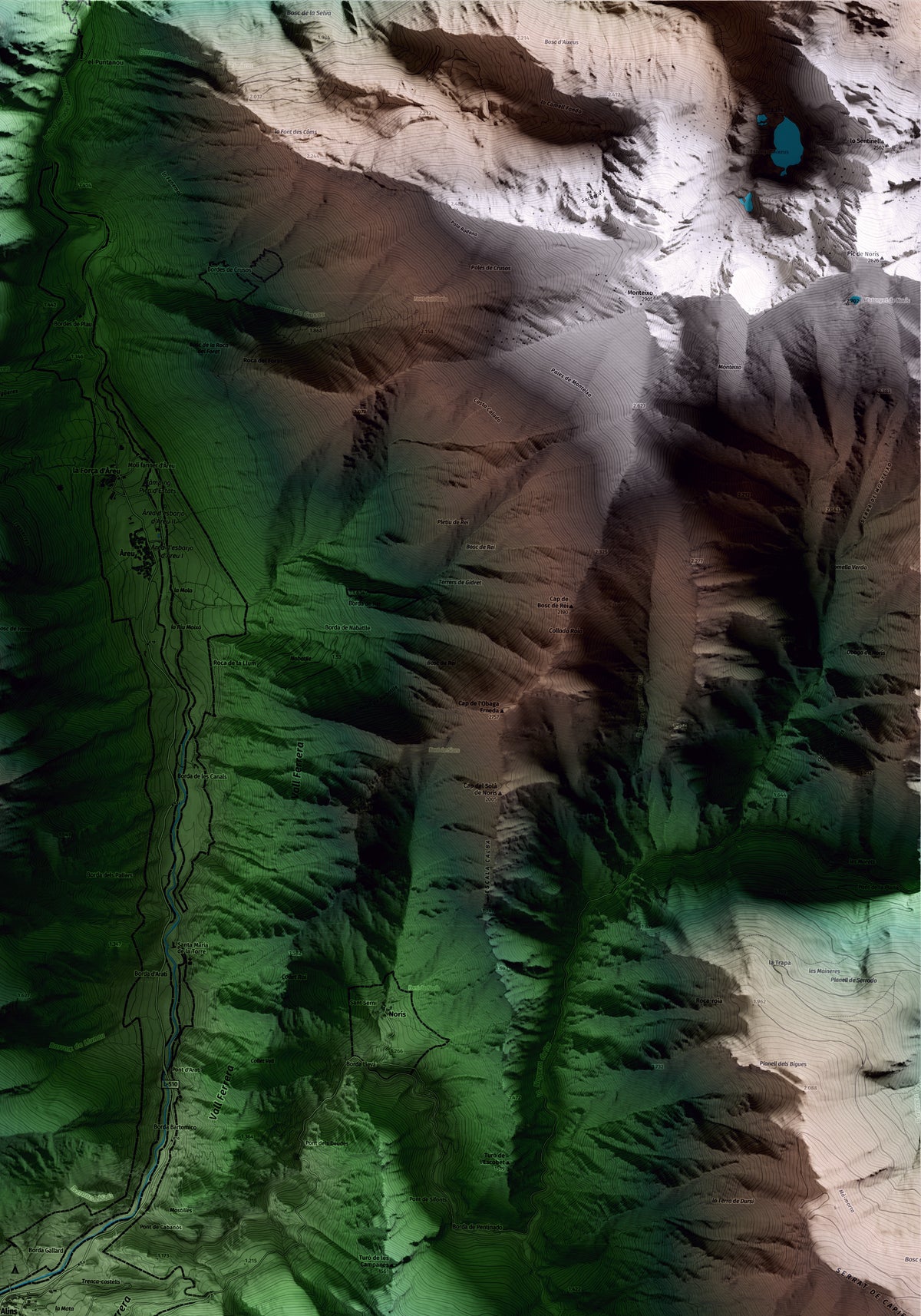 Mapa artístico del relieve de Alins, al Pallars Sobirà, con 15 km de entorno y base topográfica ICGC. Detalle de la zona superior derecha.