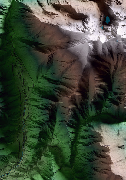Mapa artístico del relieve de Alins, al Pallars Sobirà, con 15 km de entorno y base topográfica ICGC. Detalle de la zona superior derecha.