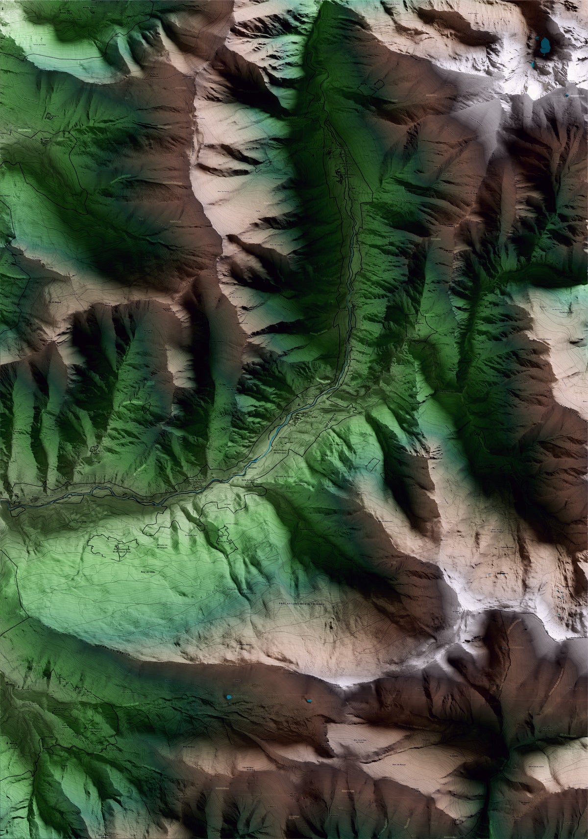 Mapa artístico del relieve de Alins, al Pallars Sobirà, con 15 km de entorno y base topográfica ICGC