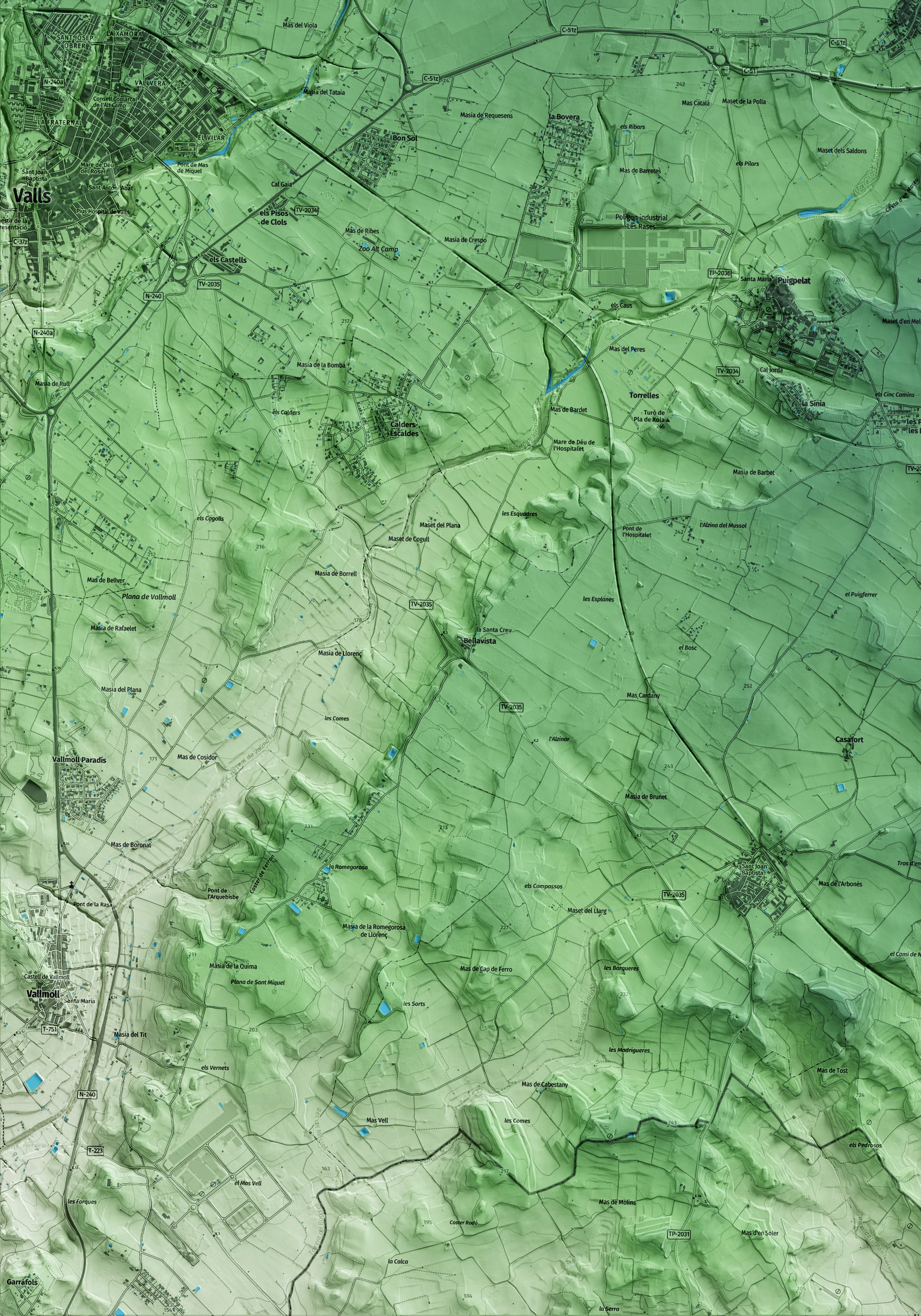 Mapa artístico del relieve de Alió, al Alt Camp, con 15 km de entorno y base topográfica ICGC. Detalle de la zona inferior izquierda.