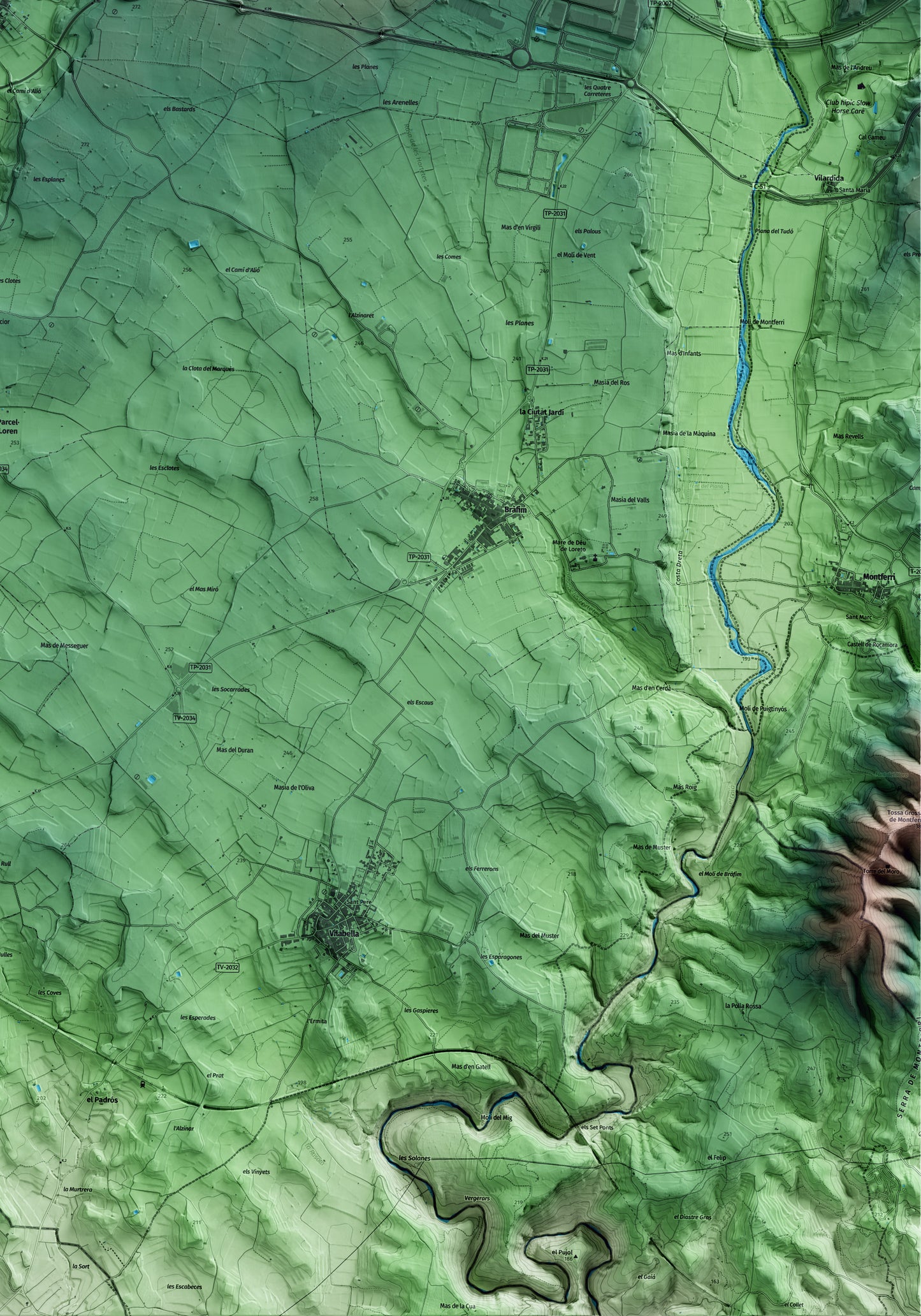 Mapa artístico del relieve de Alió, al Alt Camp, con 15 km de entorno y base topográfica ICGC. Detalle de la zona inferior derecha.
