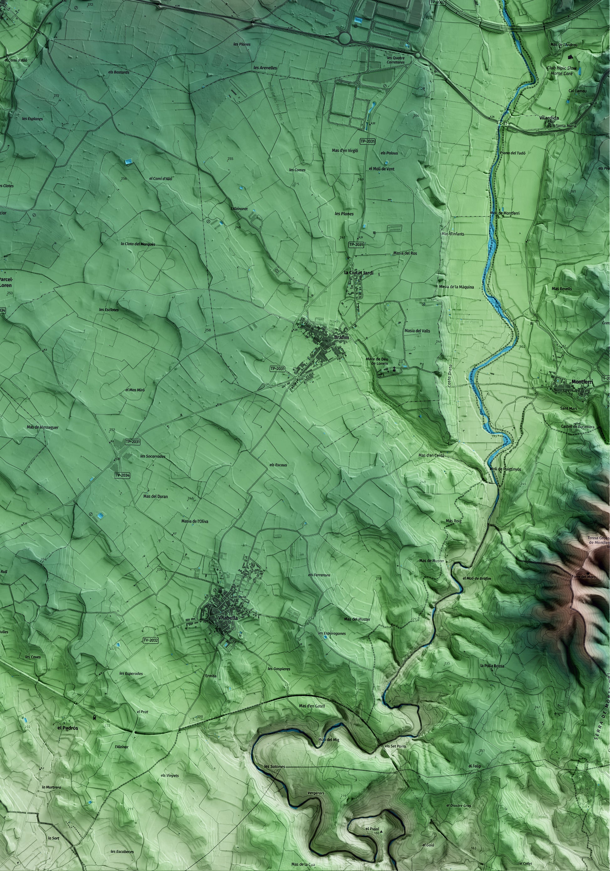 Mapa artístico del relieve de Alió, al Alt Camp, con 15 km de entorno y base topográfica ICGC. Detalle de la zona inferior derecha.