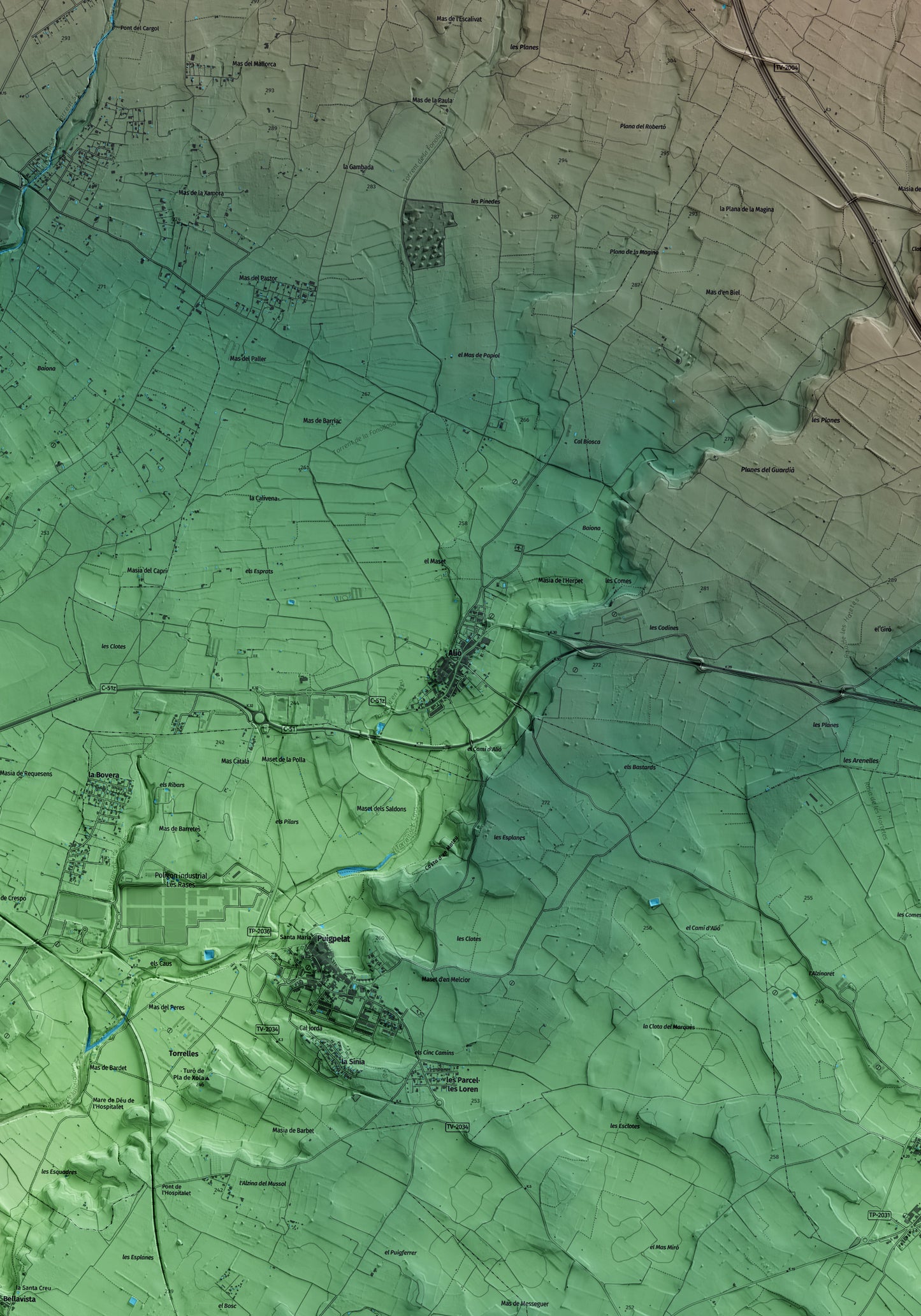 Mapa artístico del relieve de Alió, al Alt Camp, con 15 km de entorno y base topográfica ICGC. Detalle de la zona central.