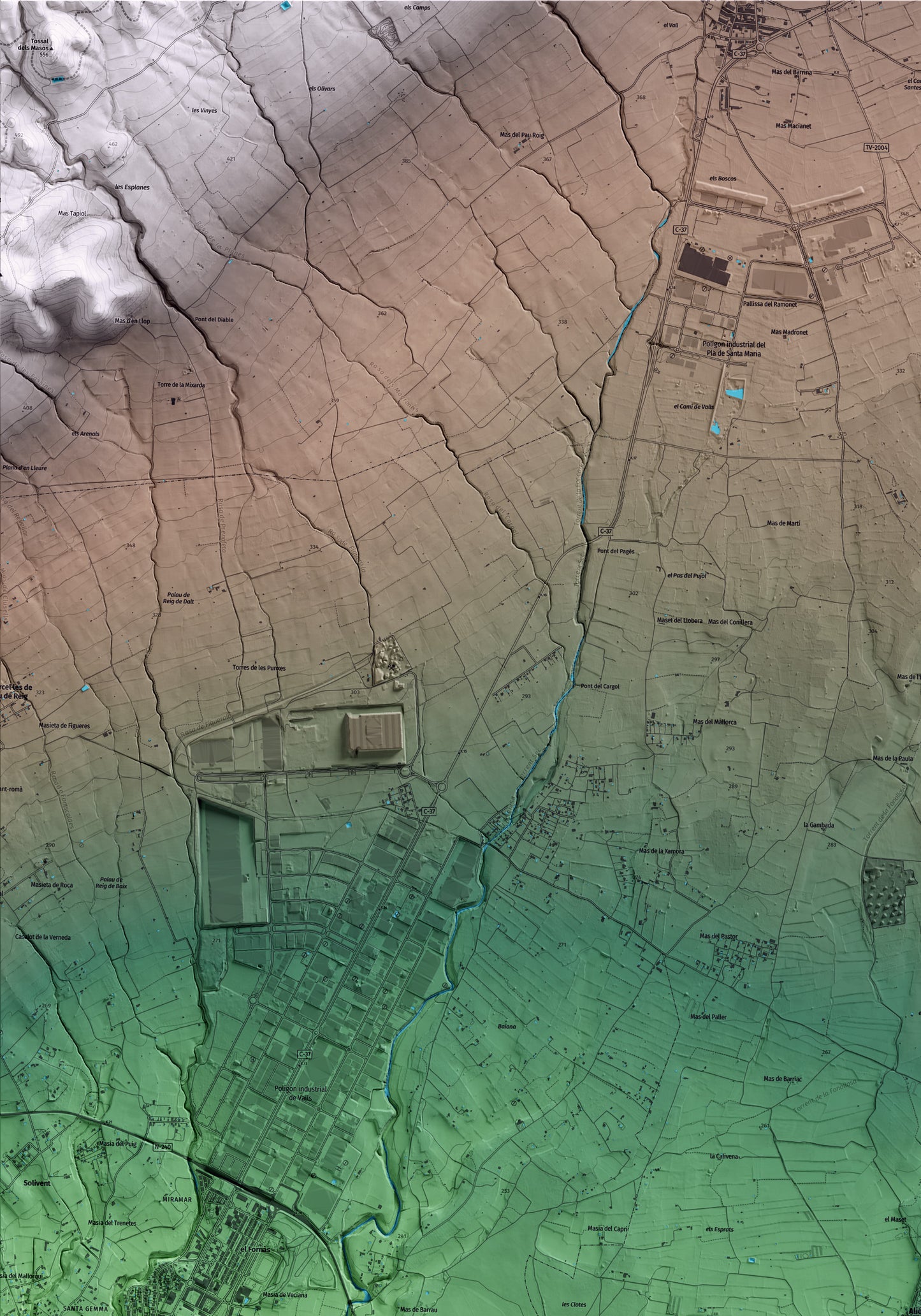 Mapa artístico del relieve de Alió, al Alt Camp, con 15 km de entorno y base topográfica ICGC. Detalle de la zona superior izquierda.